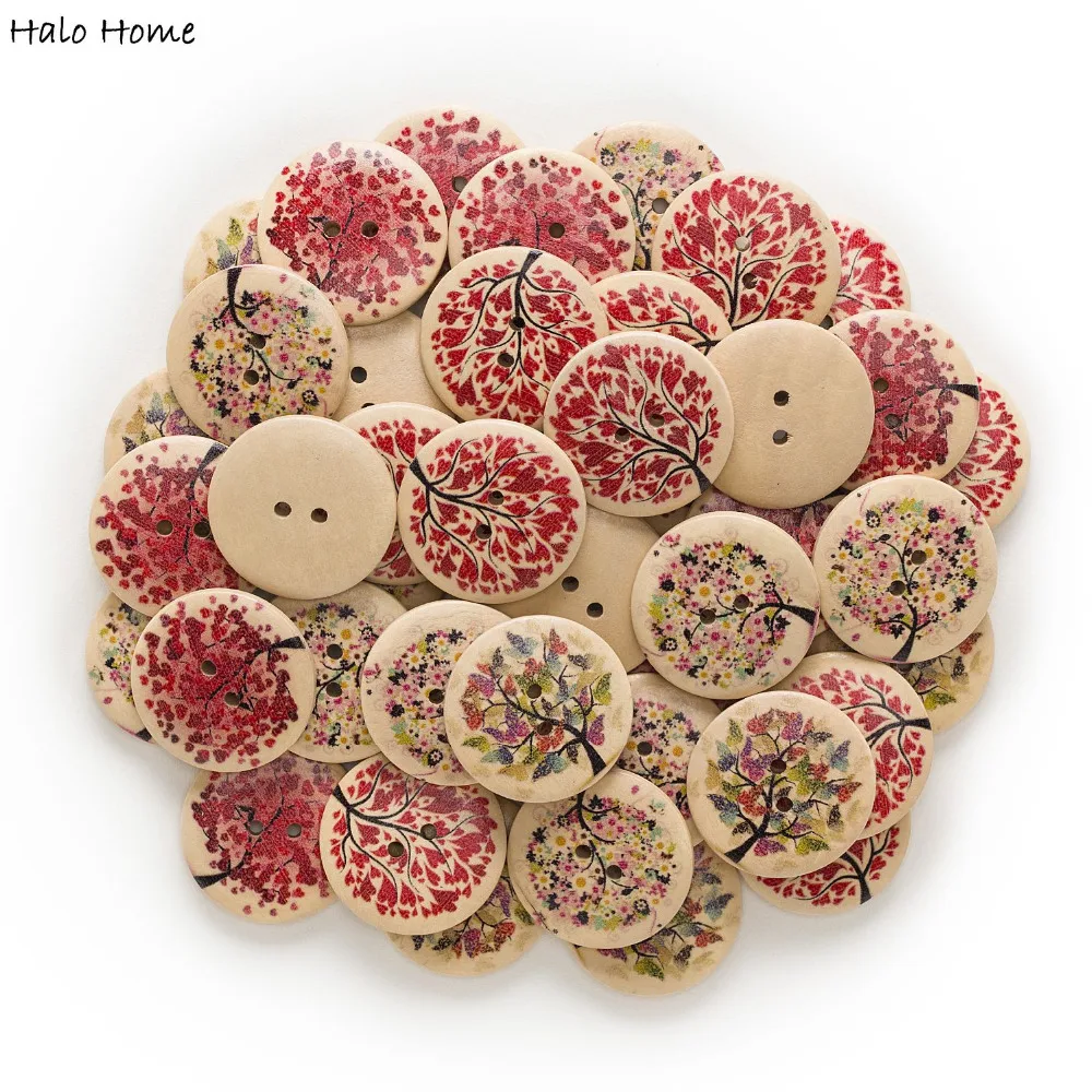 20pcs 2 Hole Mixed Tree Printing Round Wood Buttons Sewing Scrapbooking Home Decor Clothing Crafts 30mm