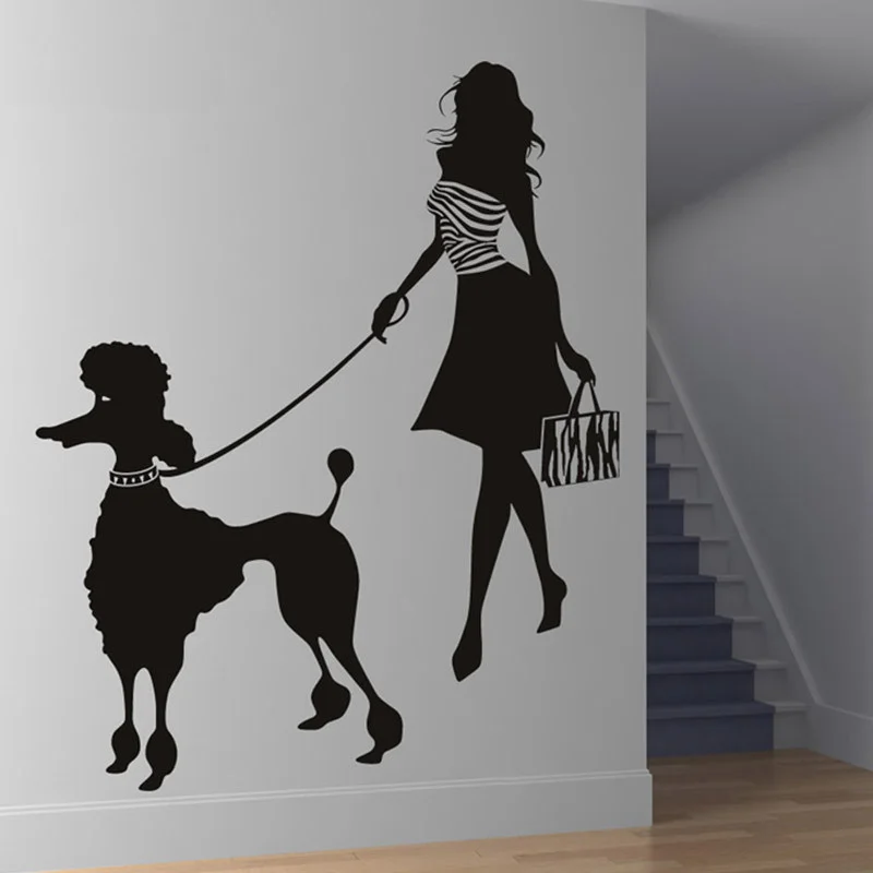 Fashion Lady Custom Made Colour Modern Girl And Poodle Wall Sticker Poodle Wall Decal Art Dog Wall Stickers Home Decor 117x145cm