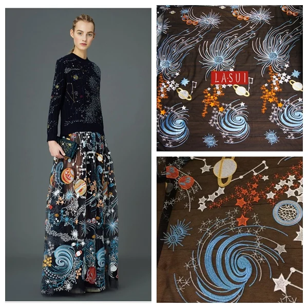 

LASUI 2017 hot fabrics vast sky black perspective network yarn embroidery lace Beautiful stars Multicolor dress fashionable dres