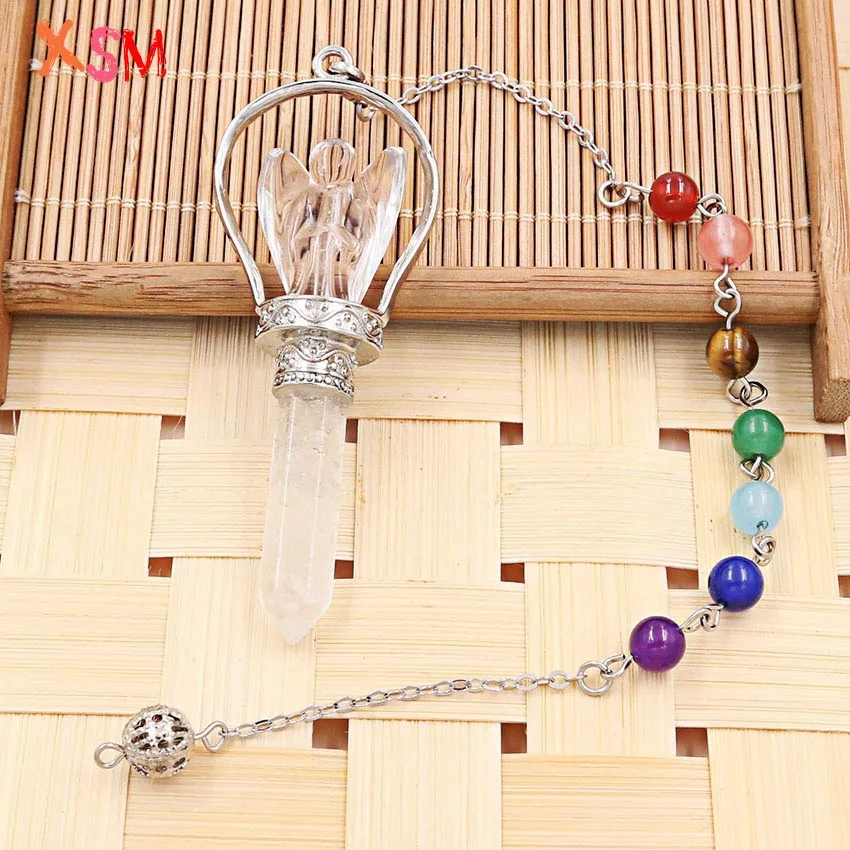 Personalized Natural White Crystal Stone Angel Pendulum Pendant Hexagonal Prism Column 7 Chakra Link Chain Reiki Healing Jewelry