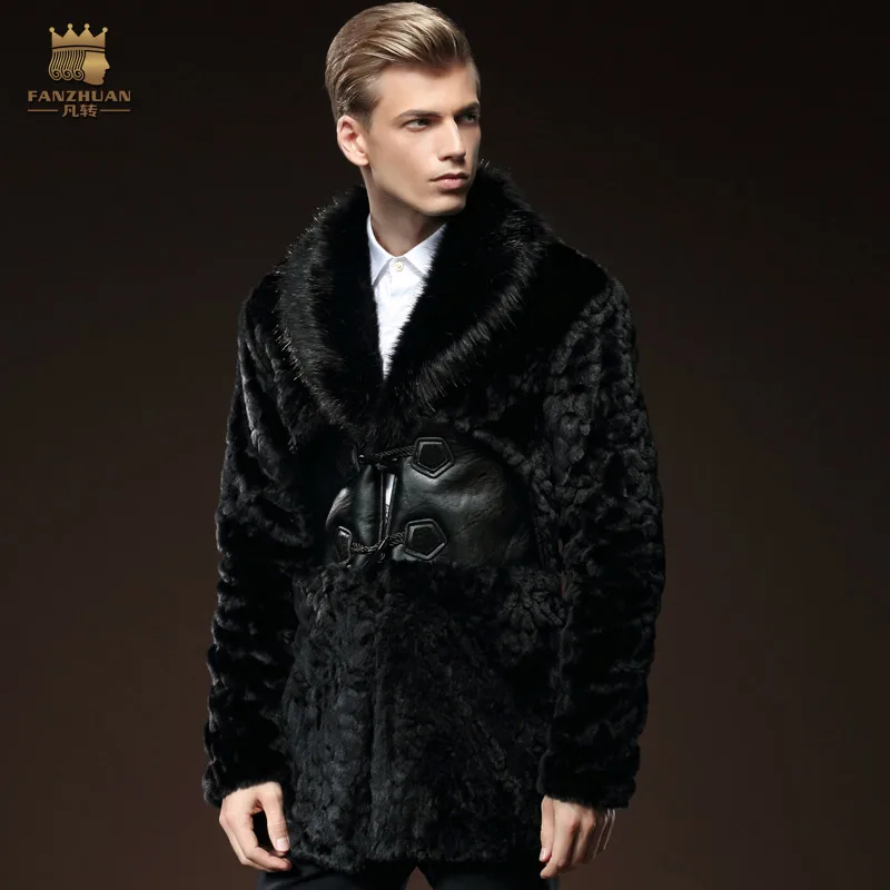 Free Shipping New fashion male Men's 2015 winter long sleeved wool lapel stitching slim fur coat long section 0160 men fanzhuan