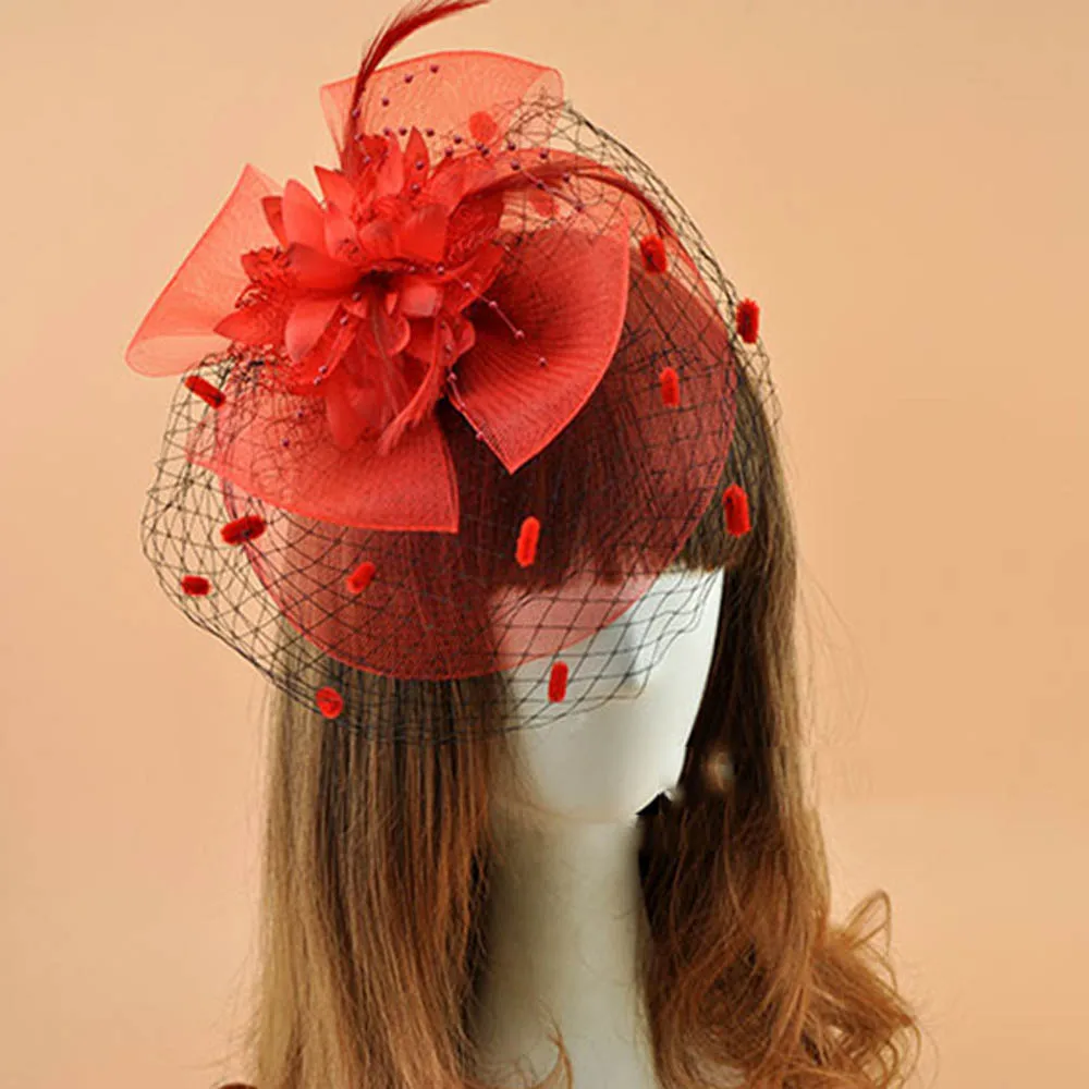 Iovry White Black Red Birdcage Net Wedding Bridal Fascinator Face Veils Feather Flower with Hairpins Free Shipping