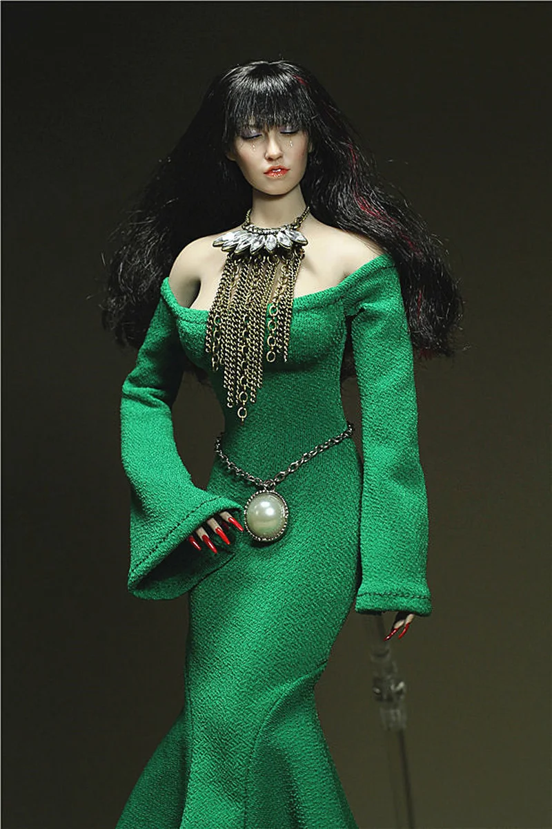 Custom Made 1/6 Scale Green Rose Double Sleeve Big Skirt Large Dress for 12inch Female Soldier Collection Action Figures