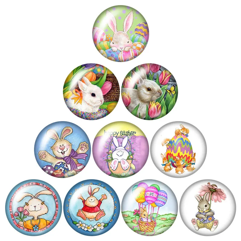 New Happy Easter Sunday Egg Rabbit 10pcs mixed 12mm/16mm/18mm/25mm Round photo glass cabochon demo flat back Making findings