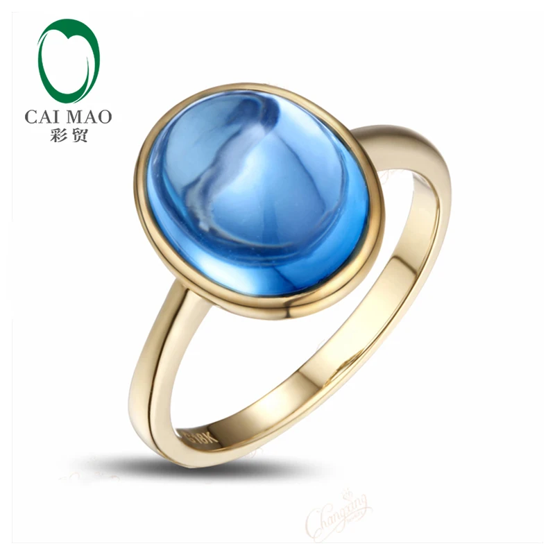 5.02CT Cabochon Cut Bezel Set Blue Topaz Solitaire 14K Yellow Gold Ring