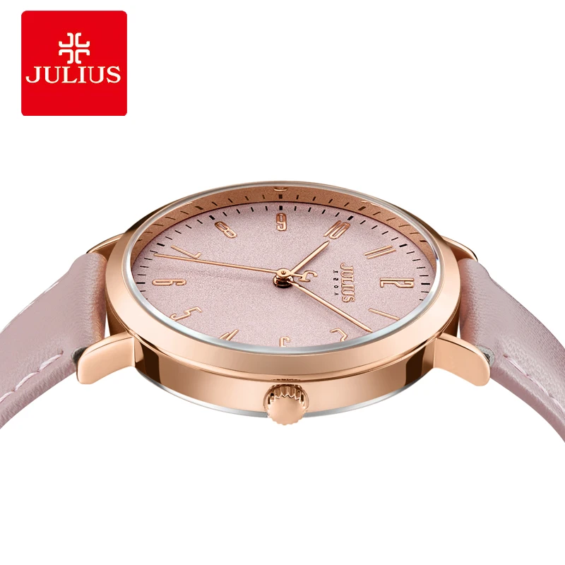 Julius Watch Brand New Original Designer Quartz Simple Women-watches Large Dial Pink Leather Strap Female Clock Montre JA-1017