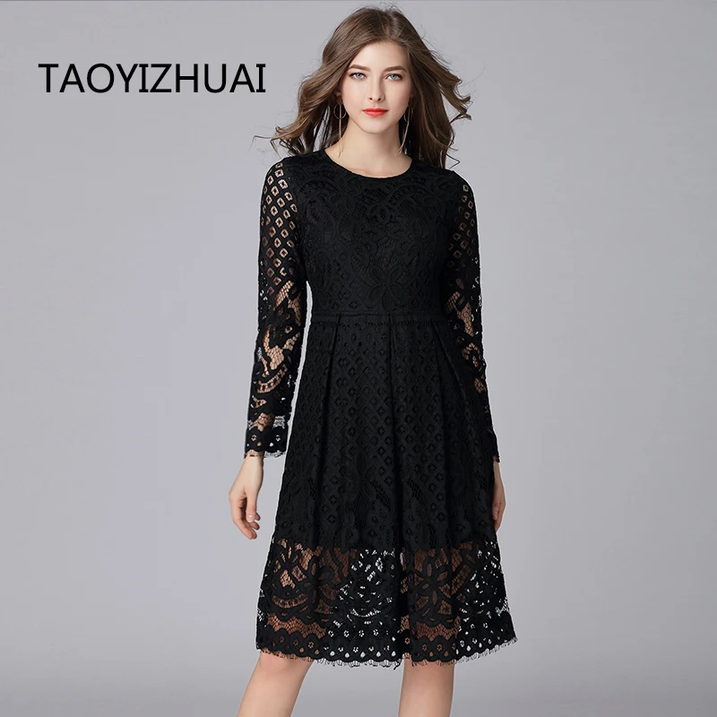 TAOYIZHUAI 2019 New Arrival Spring Plus Size L Full Sleeves Empire Hollow Out Casual Fashion Lace Solid Black Women Dress 14003