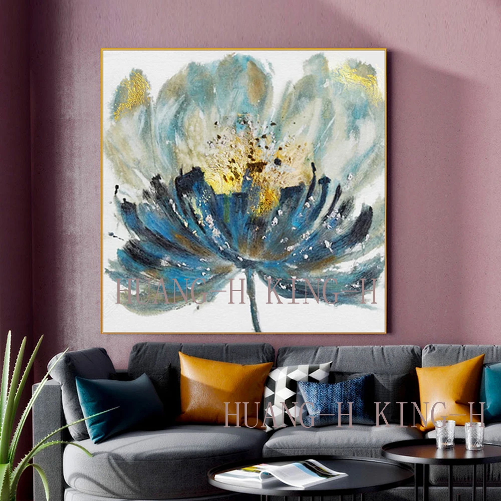 Hand-drawn original A big plant beautiful flowers oil painting realistic high quality blue flower adornment sofa porch corridor