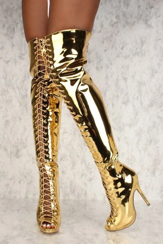 Unique Designer Mirror Leather Silver Gold Peep Toe High Heel Thigh High Boots Patent Cross Tied Over The Knee Stiletto Shoes