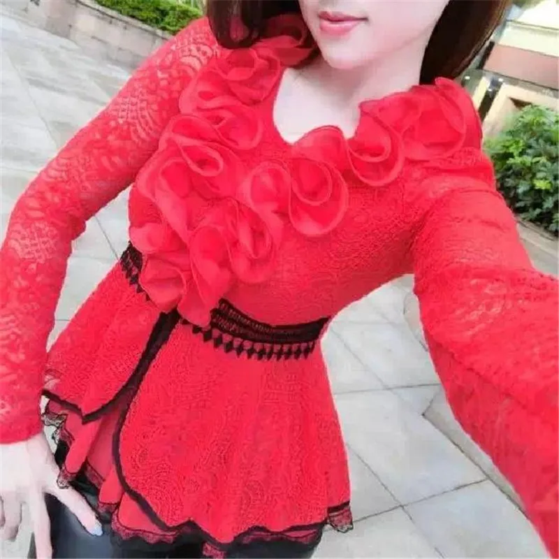 NEW Musim Semi Musim Gugur Wanita Renda Bunga Manis Renda Kemeja Wanita Ruffles Lengan Panjang Mesh Blus Silm Pendek Blusas Tops a1255