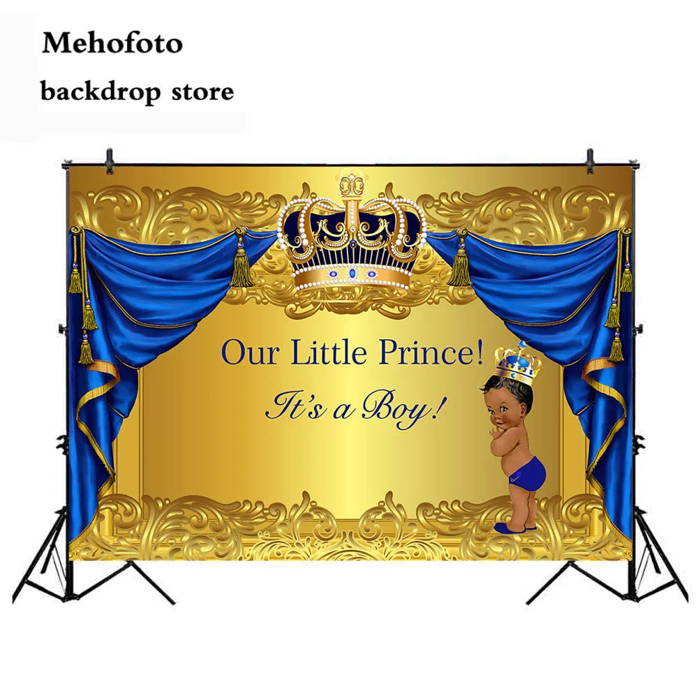 

Baby Shower Photography Backdrop Crowned Royal Prince Vinyl Background Gold and Blue Curtain Newborn Birthday Party 936