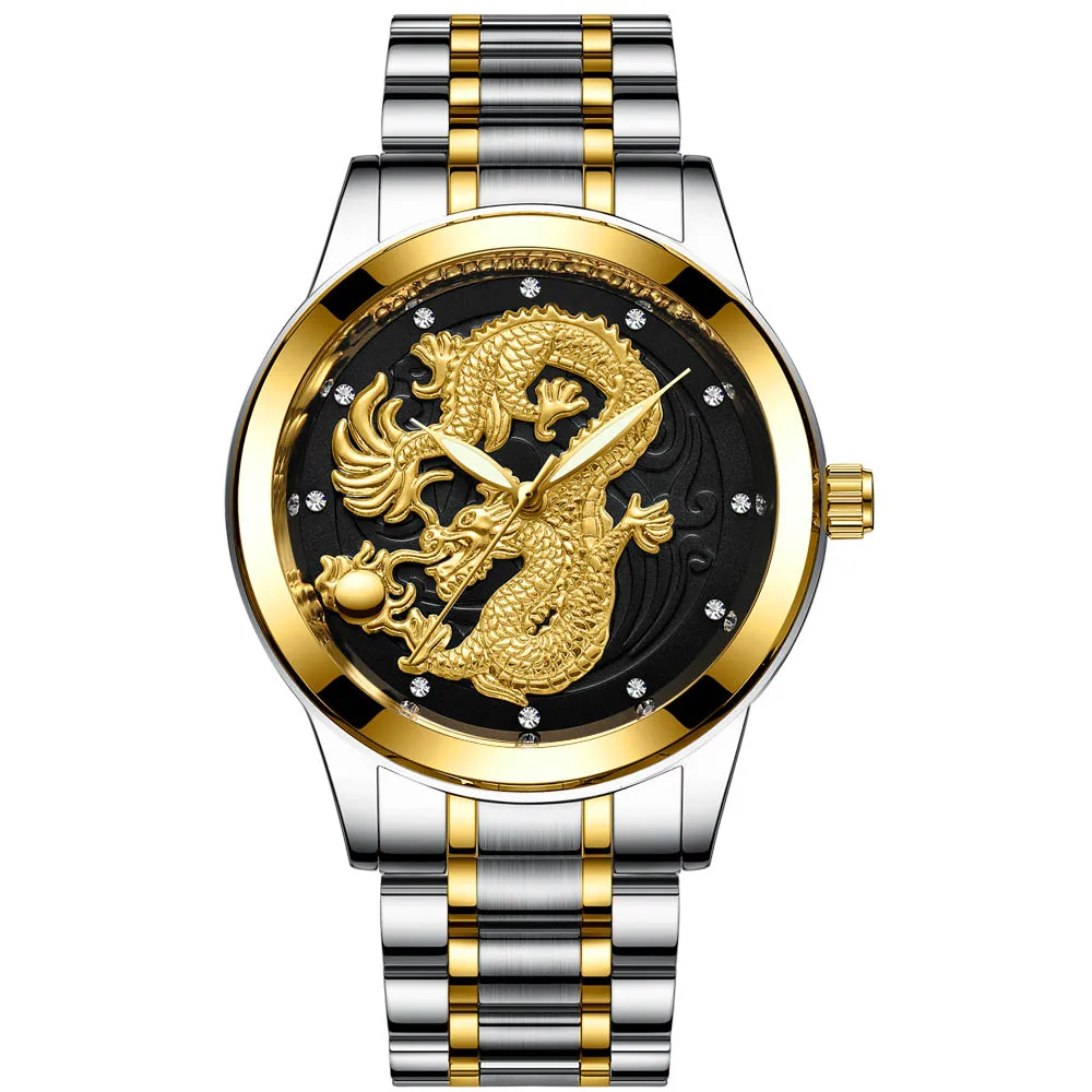 FNGEEN-Relógio Masculino Dragão Padrão Quartz, Cinto de Aço Ultra-Fino, Luminous Gold Color, Novo