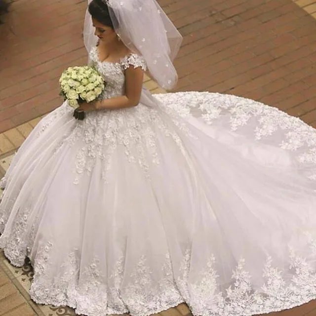 Vestidos De Novia árabes, vestido De baile hecho a mano con flores, Mangas De casquillo, pétalos De tul hinchados, longitud hasta el suelo, 2021