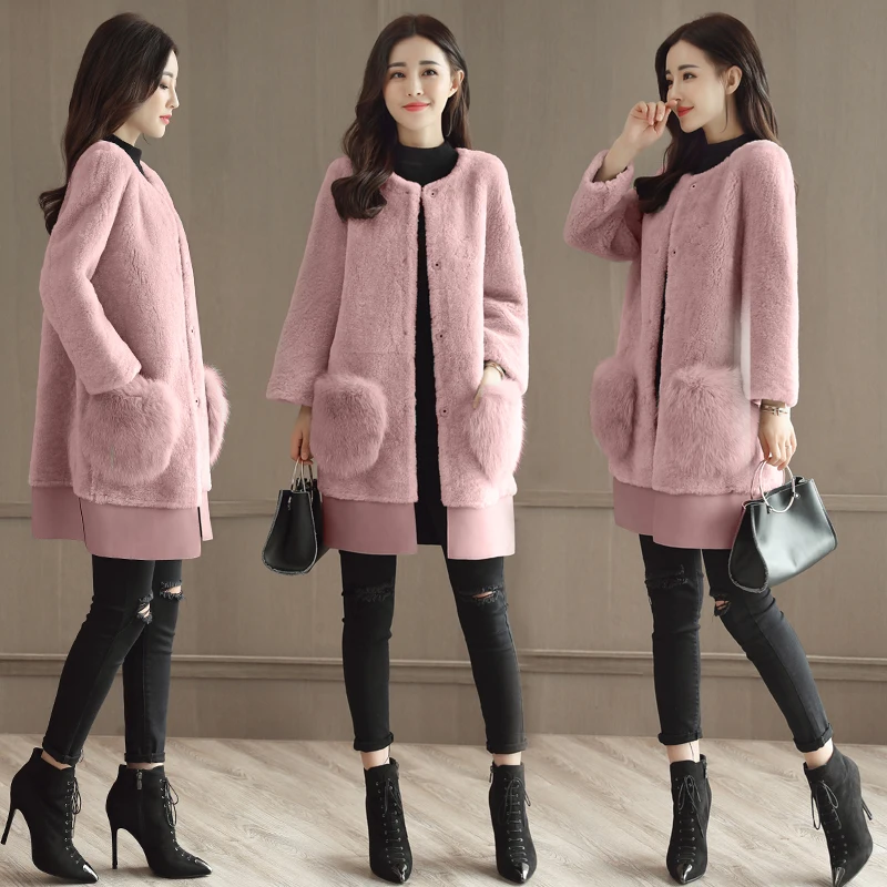 Winter Luxury Runway Women Warm Long Pink Gray Jacket Woman Sheep sheared Faux Fur Loose Trench Coats Female Woollen Coat