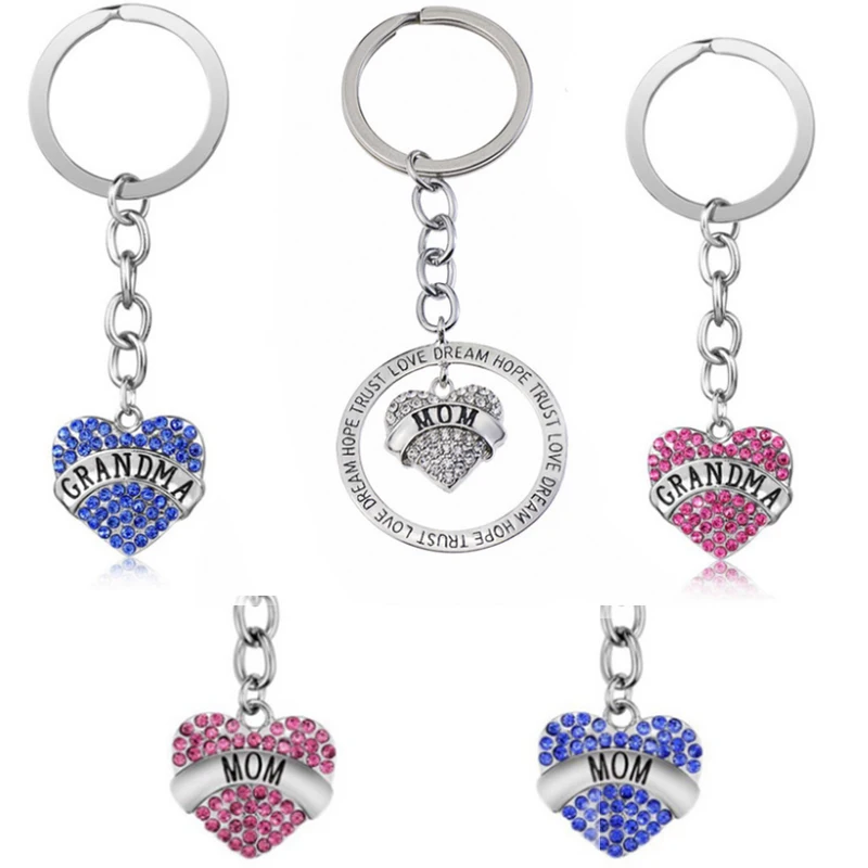 50pcs different kinds Alloy Silver tone rhinestone heart shape MOM/Grandma simple Mother's Day gift Keychain/key holder