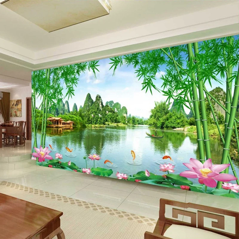 Custom Foto Tapete 3D Bambus Lotus Natur Landschaft Wandmalereien Wohnzimmer TV Sofa Hintergrund Wand Dekor Papel De Parede 3 D Sala