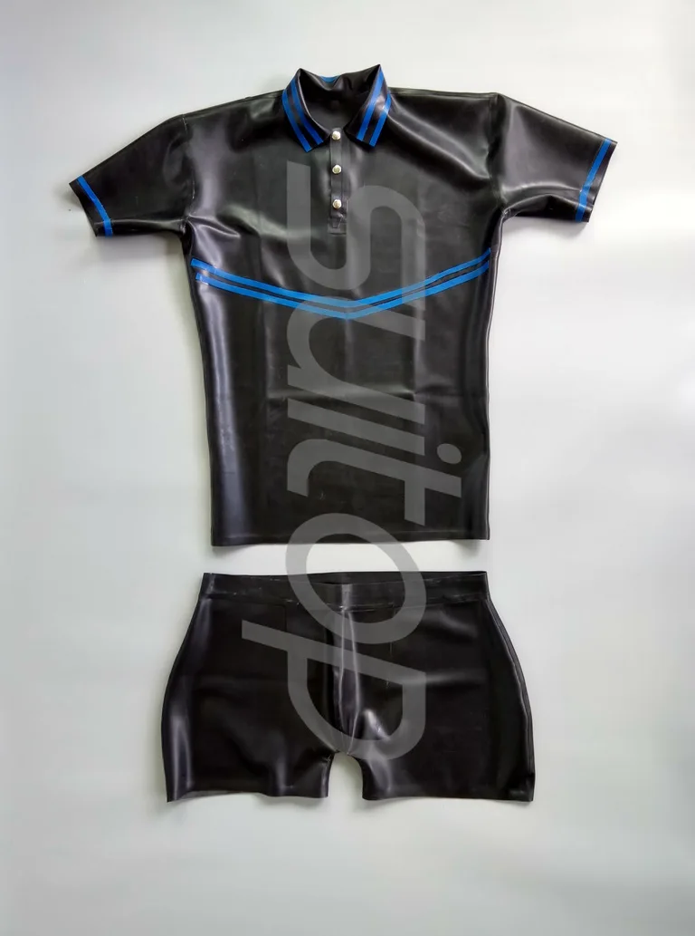 Free shipping men's latex uniform top and shorts in black and blue