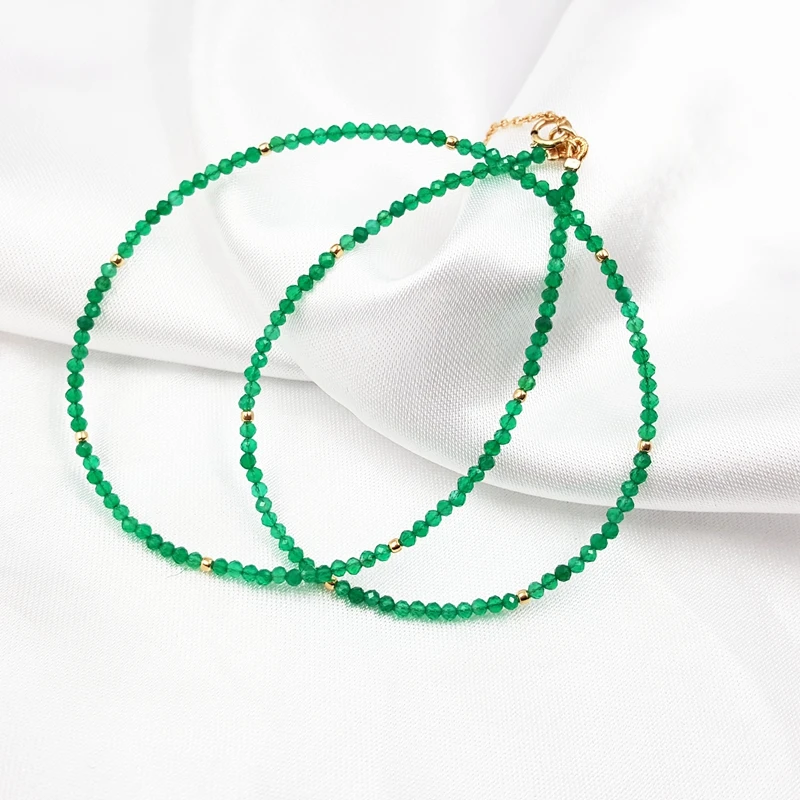 LiiJi Unique Real Green Onyx 2mm Faceted Tiny Beads 925 sterling silver Yellow Gold Color Choker Shining Necklace