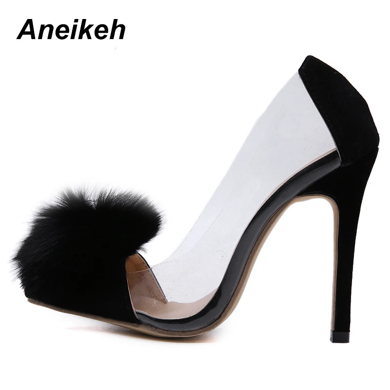 Aneikeh Clear PVC Transparent Pumps Slip-On Thin Heel High Heels Point Toes Womens Party Shoes Nightclub Pumps Black Size 35-40