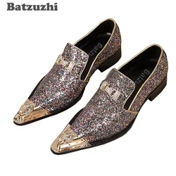 Batzuzhi 100% Brand New Men Shoes Handmade Pointed Gold Metal Toe Dress Shoes Men Shiny Wedding/Party Shoes Sapatos Masculino