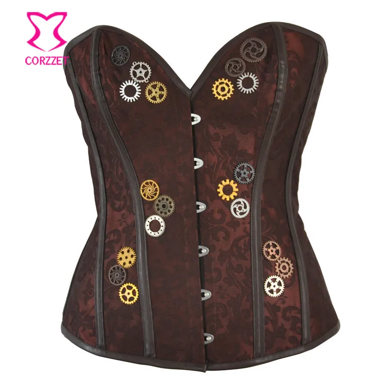 

Brown Brocade With Gear Steampunk Steel Boned Corset Overbust Vintage Gothic Clothing Korsett For Women Sexy Burlesque Costume