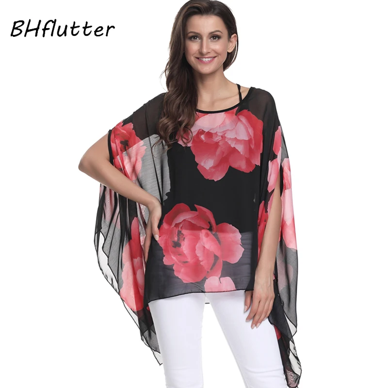 BHflutter Black Chiffon Tops Women Shirts Plus Size 5XL 6XL 2018 New Arrival Solid Casual Batwing Summer Blouses Chemise Femme