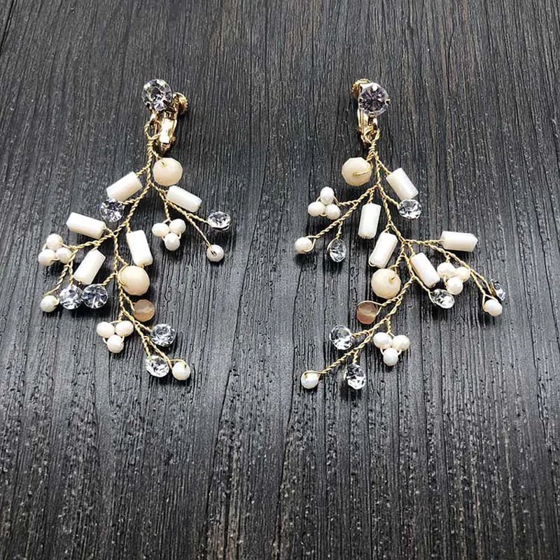 SLBRIDAL Handmade Rhinestones Crystal Pearl Clip on Wedding Dangle Earring Bridal Chandelier Earring Fashion Women Girls Jewelry