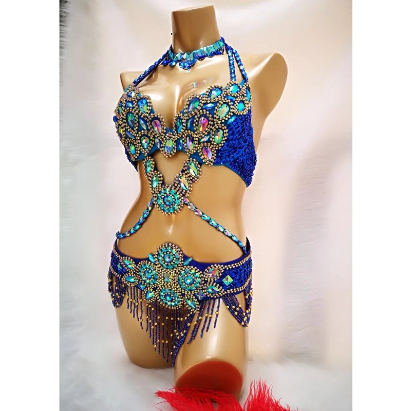 New Beaded Crystal Belly Dance Costume Wear For Women Bra+Belt+Necklace 3pc Set Sexy Bellydancing Suit Bellydance Clothes Outfit