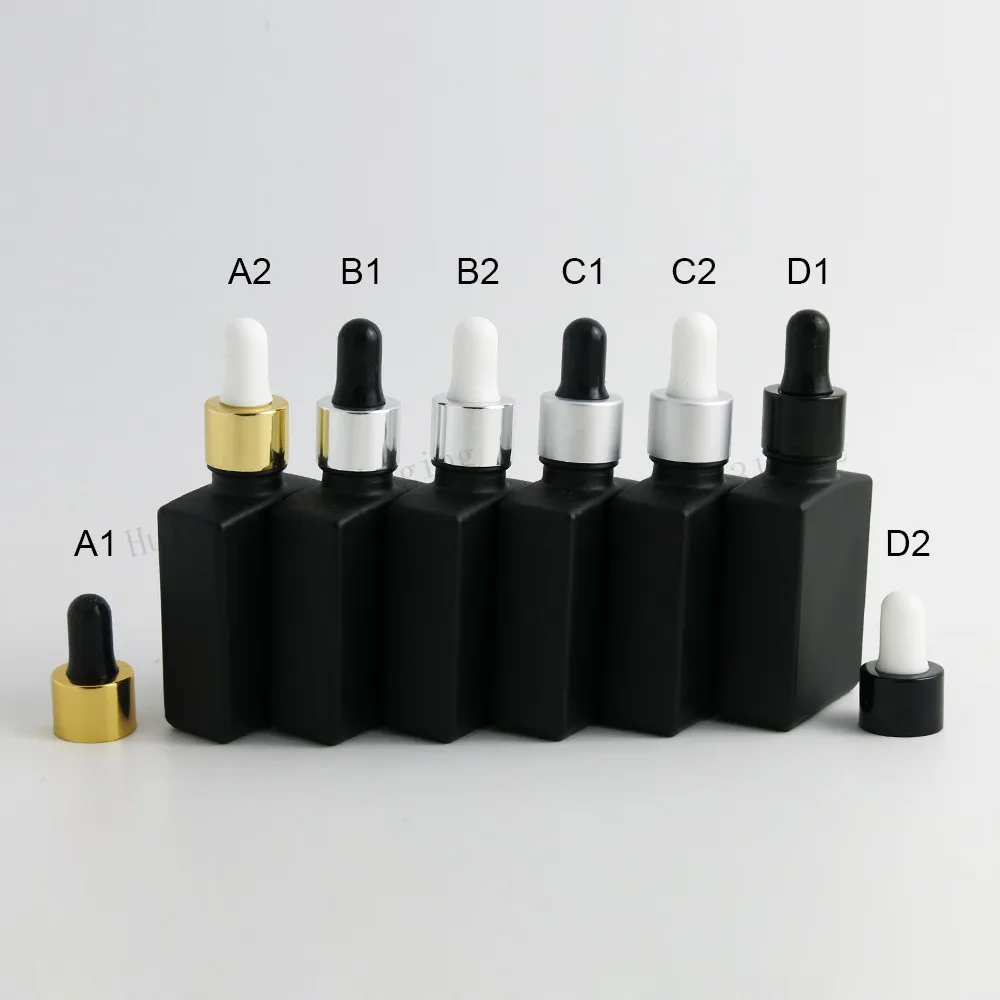 12 x 30ml Empty Frost Black Square Flat  Glass Bottles With Aluminum Dropper  1oz Glass Container for E Liquid