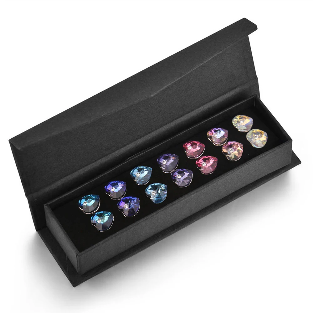 7Pairs/Set Heart Crystals From Austria Stud Earrings 7 Colors Weekly Jewelry For Women Girls Silver Color Romantic Piercing