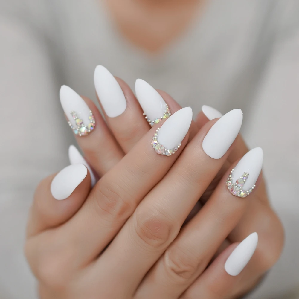 

Matte Custom Fake Nails Craft White Decorative Luxury Nails Stiletto Rhinestones Designed Fingernails with Glue sticker 24pcs