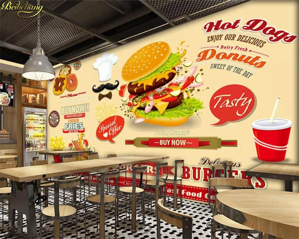 beibehang Custom photo wallpaper mural Europe and hand-painted burger fast food restaurant background wall papel de parede