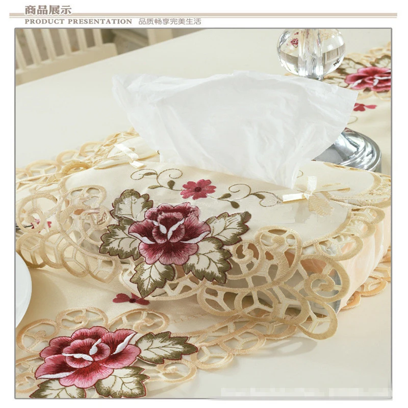 European Style Rose Embroidered Tissue Box, Rectangular Drawing Paper Box, Dinning Accessories, Facial Tissue Holder