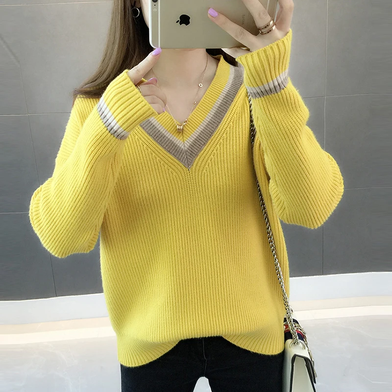 

2018 Winter Thick Pullovers Sweater Female Pull Femme Casual Tops Women Long Sleeve V-neck Knit Pullover Sweater FP1355