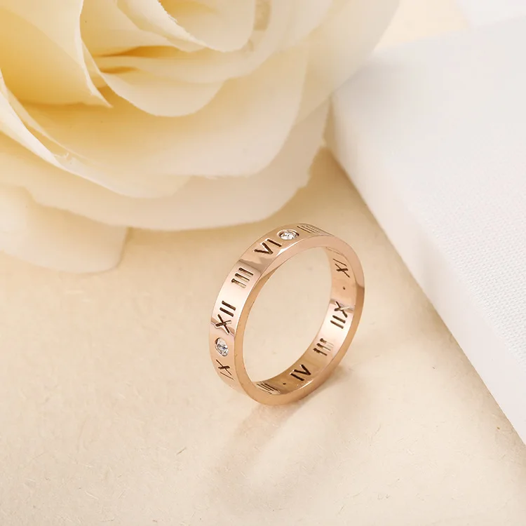 JeeMango Titanium Steel Mosaic Cubic Zirconia Crystal Roman Numeral Ring Classic Engagement Wedding Rings For Women R17158