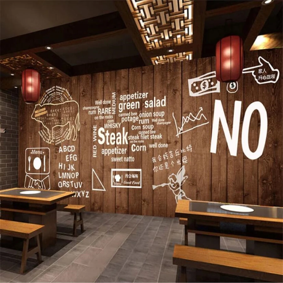 Custom wallpaper 3D mural wood board text steak barbecue hot pot restaurant background decorative wall papers home decor mural