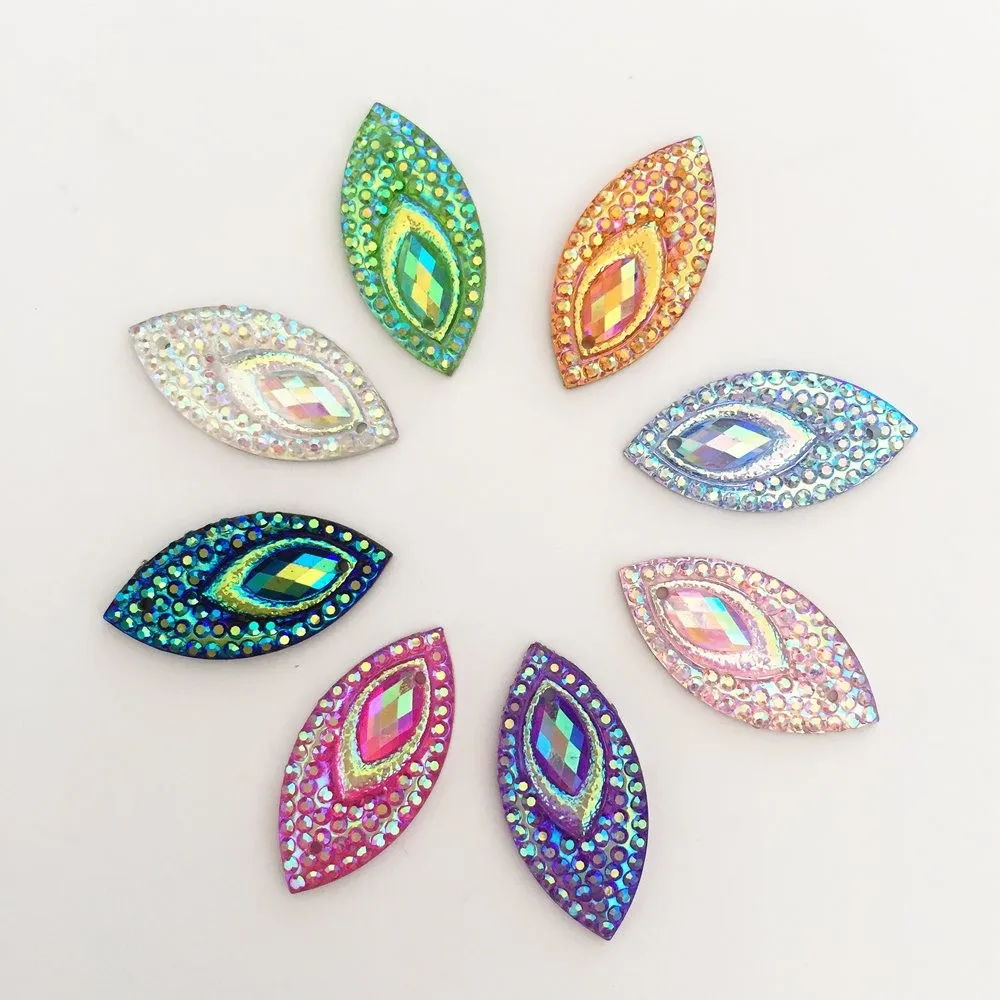 40PCS AB Resin 11*22mm Horse eye Flatback Peacock Rhinestone Ornaments DIY Wedding appliques 2 hole buttons SD34*2