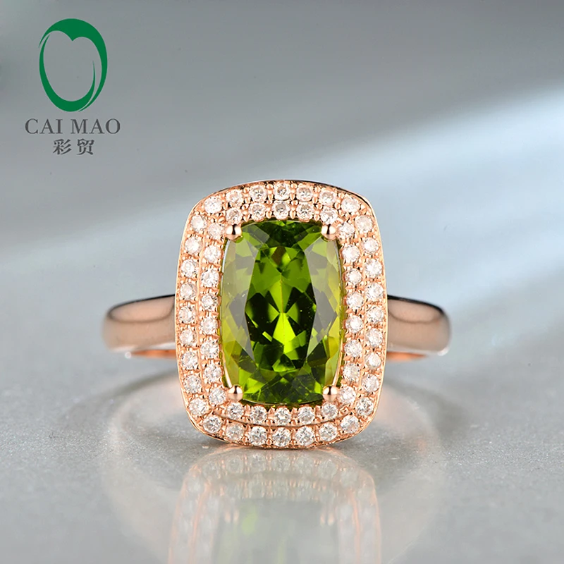 Caimao 7x10mm Cushion Cut 3.27ct  Natrual Green Peridot Halo Pave Diamonds 14K Rose Gold Engagement Ring