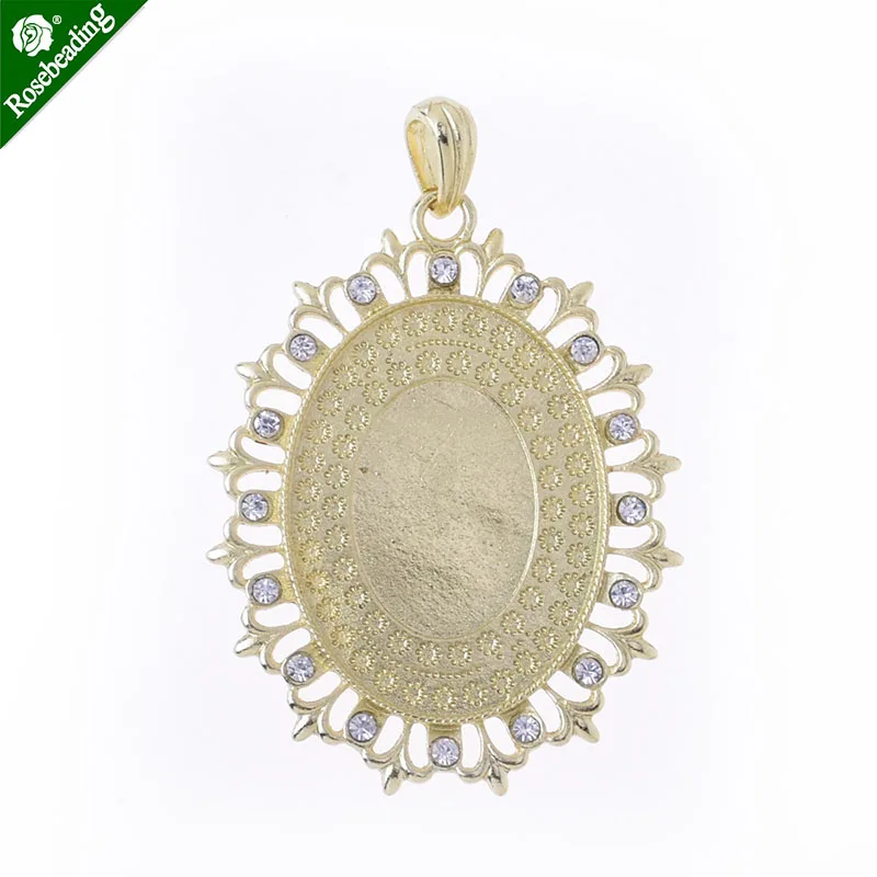 10pcs Metal 40x30mm Oval Cameo Cabochon Bezel Base Setting Pendants With Rhinestone