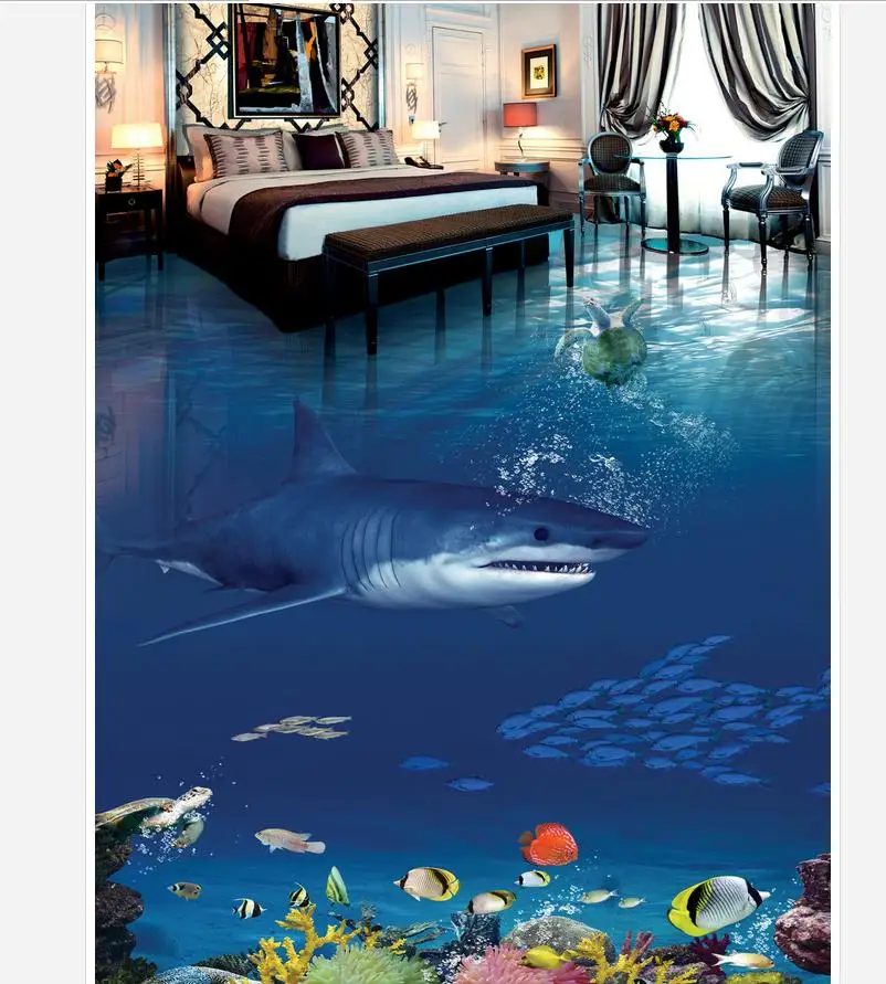 Home Decoration Sharks Underwater World 3D stereoscopic bathroom living room floor pvc self-adhesive wallpaper