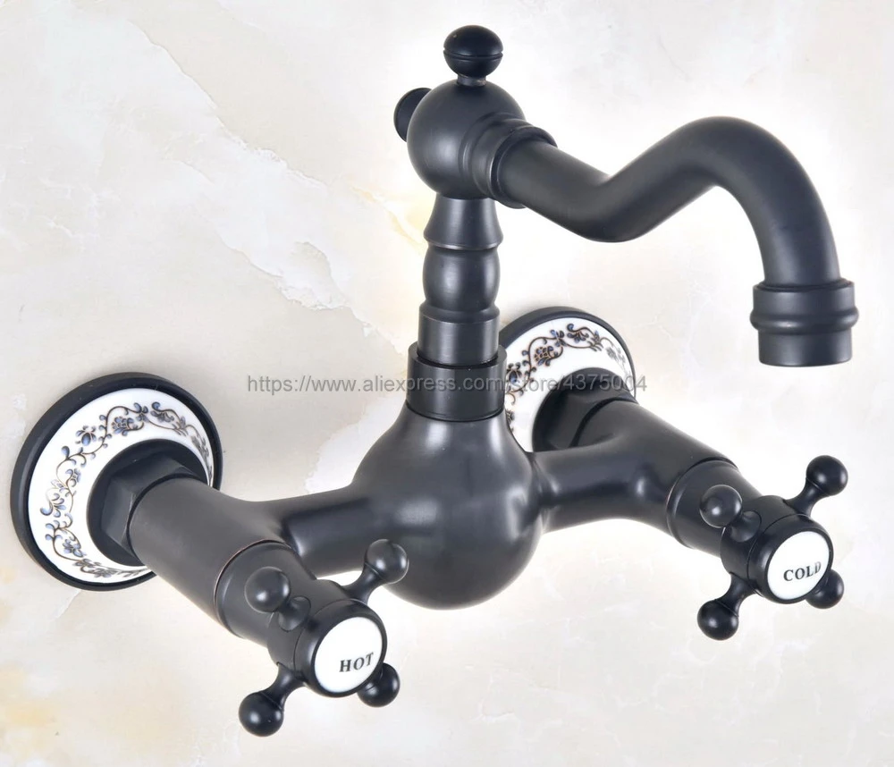 Wall Mounted Two Handles Oil Rubbed Bronze Finish Kitchen Sink Bathroom Basin Faucet Mixer Tap Nnf473