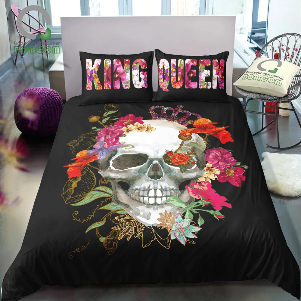 BOMCOM 3D Digital Printing Duvet Cover Set Watercolor Flower Skull Crown Queen King Bedding Set 100% Microfiber