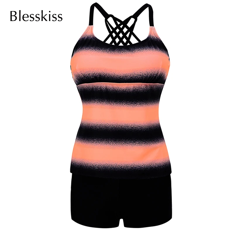 Blesskiss Plus Size Swimwear Women 2023 High Waist Swimsuit Two 2 Piece Stripes Tankini With Shorts For Ladies Bathing Suit 4XL