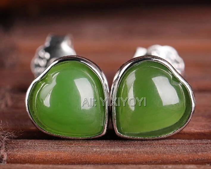 Beautiful 925 Silver Green HeTian Jade Heart Beads Inlay Heart Stud Earrings Woman's Lucky Earring Ear Jewelry Certificate