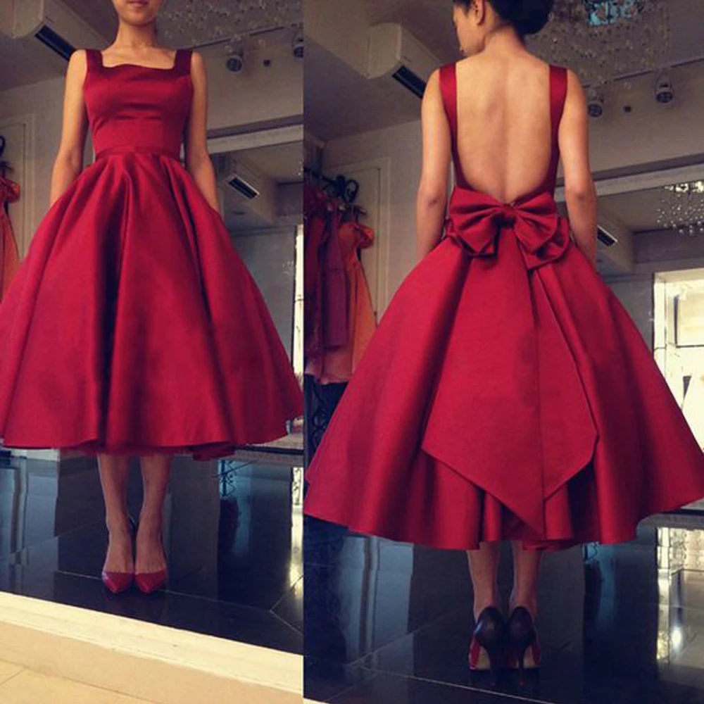 

Vestidos Para Fsta Sleeveless Evening Dresses Elegant A-line Tea-Length Prom Gown with Big Bowknot for Weddings Custom Made