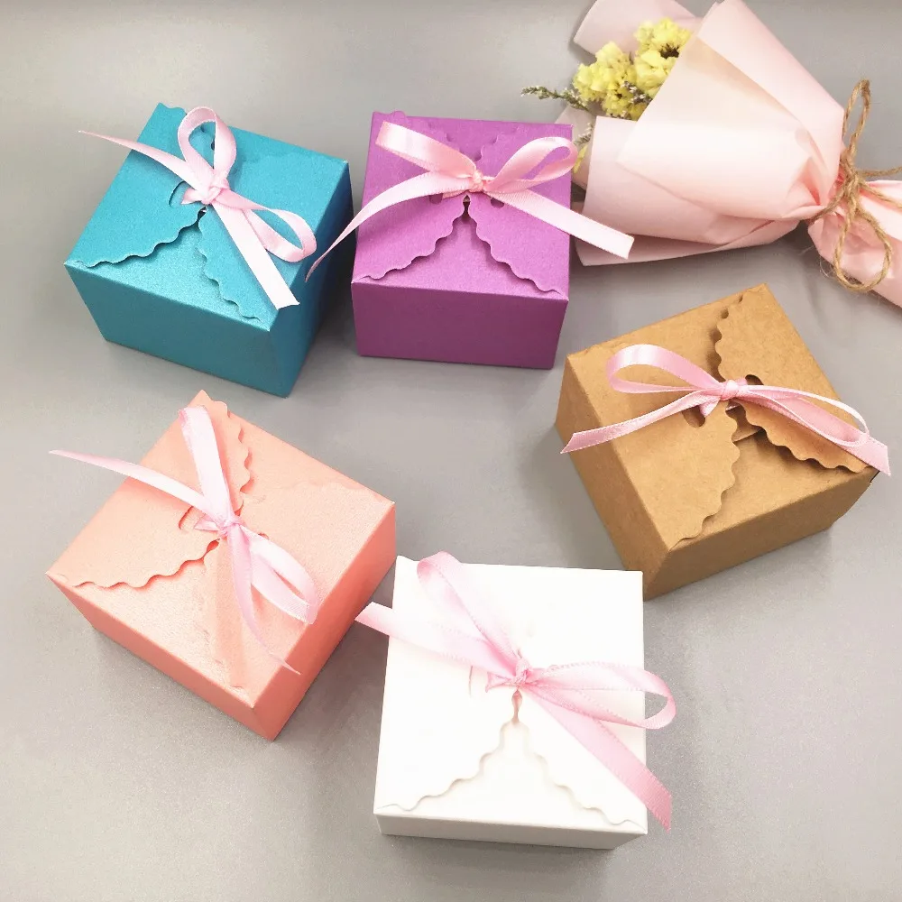 

20pcs Paper Handmade Birthday Wedding Party Favor Gift Boxes Colorful Paper Candy Box With Free Ribbon,Gifts Packaging Boxes