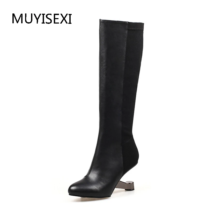 

Women Knee High Boots Black 9 cm Metal High Heel Winter Warm High Boot Elastic Fabric Shoes Woman Boots HL117 MUYISEXI