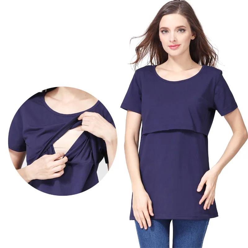 Mommy Nursing Dress Maternity Tops Breastfeeding Clothes Short Sleeve Cotton Blend Nursing Shirt Lactation Blouse Big Size S-XXL