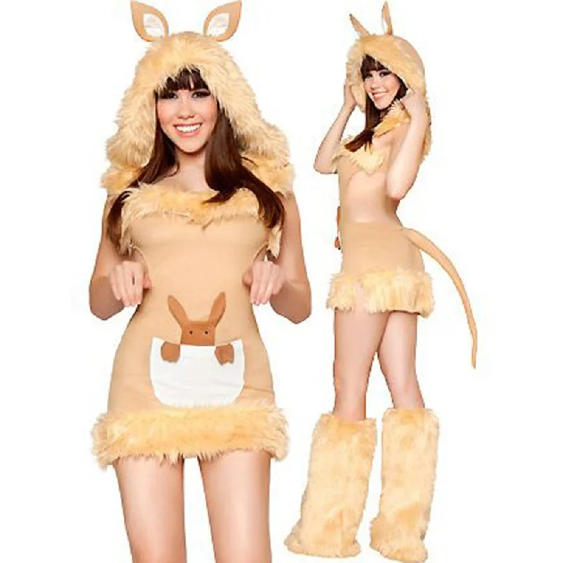 High Quality Sexy Kangaroo Costume Brown Cut Out Mini Dress Faux Fur Sexy Kangaroo Costume with Tail Warmer Leggings W418999