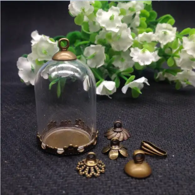 

50sets/lot 30*20mm tube glass globe 20mm crown base 8mm cap set glass bottle vial pendant jewelry findings necklace pendant